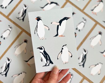 Penguin postcards/ x6 A6 illustrated postcards / modern block colours penguin print postcards
