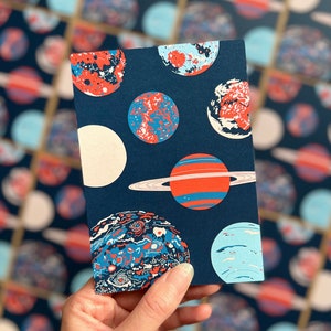 Planets postcards/ x6 A6 illustrated postcards / modern block colours outer space postcards