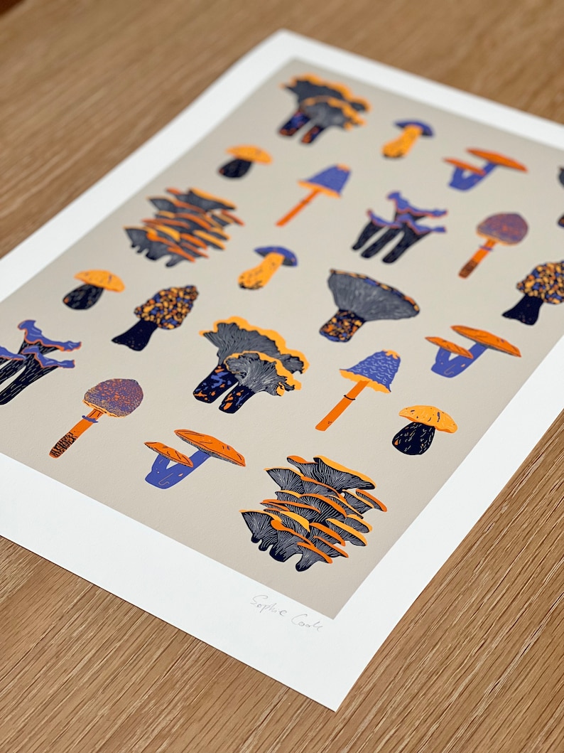May include: A print of a collection of colorful mushrooms in various shapes and sizes. The mushrooms are illustrated in shades of orange, yellow, blue, and purple on a light gray background. The print is signed "Sophie Cooke".
