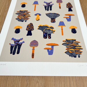 May include: A print of various types of mushrooms in shades of orange, yellow, blue, and purple. The print is titled "FUNGUS" and signed "Sephlie Cole".