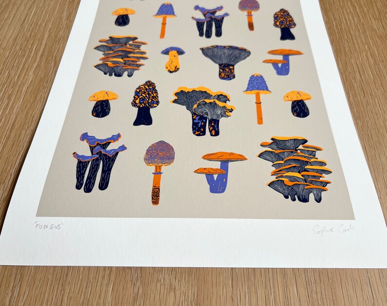 May include: A print of various types of mushrooms in shades of orange, yellow, blue, and purple. The print is titled "FUNGUS" and signed "Sephlie Cole".