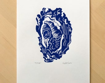 Oyster Art Print/ A5 unframed wall art / Linocut Fine Art/ modern block colour oyster lino print