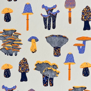 May include: A colorful illustration of various mushrooms in shades of blue, purple, orange, and yellow. The mushrooms are depicted in different shapes and sizes, with some having frilly caps and others having smooth caps.