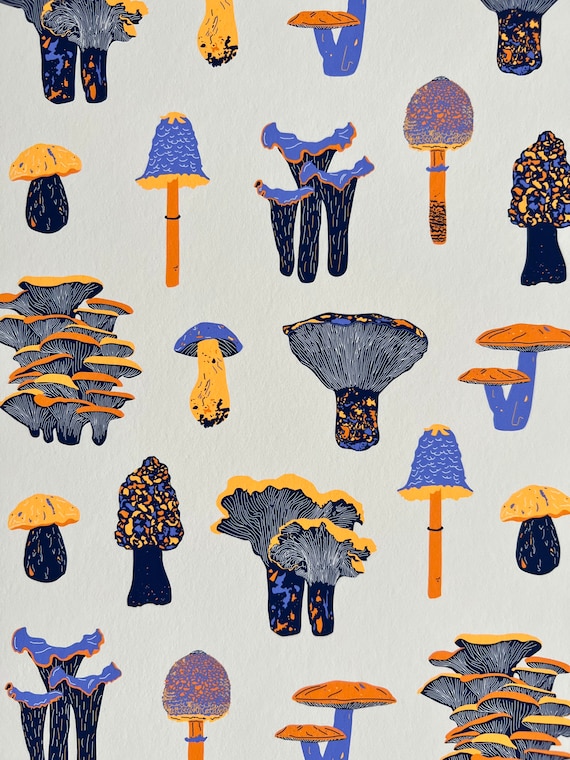 Mushroom Art Print / A3 unframed wall art / Illustrated Giclee Fine Art Print/ modern block colours mushroom print