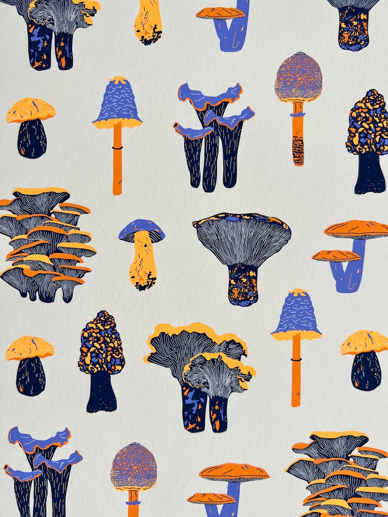 May include: A colorful illustration of various mushrooms in shades of blue, purple, orange, and yellow. The mushrooms are depicted in different shapes and sizes, with some having frilly caps and others having smooth caps.