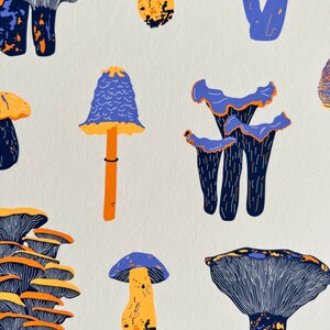 May include: A collection of colorful mushrooms with blue and purple caps and orange and yellow stems. The mushrooms are illustrated in a vintage style.