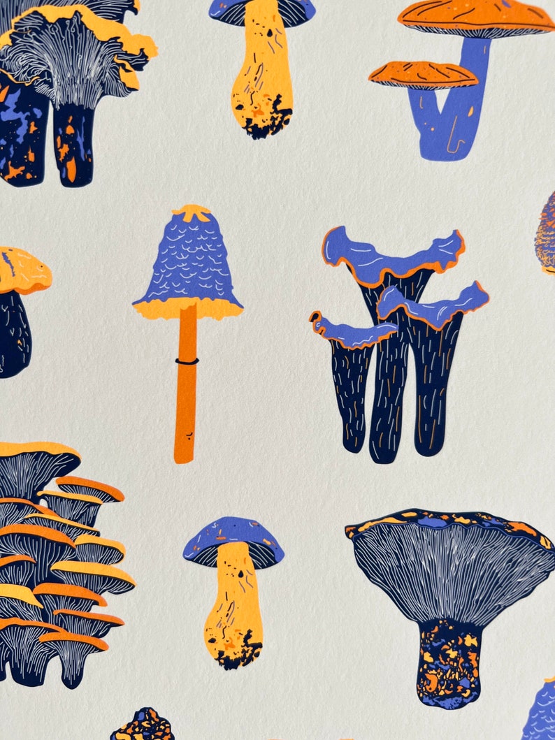 May include: A collection of colorful mushrooms with blue and purple caps and orange and yellow stems. The mushrooms are illustrated in a vintage style.