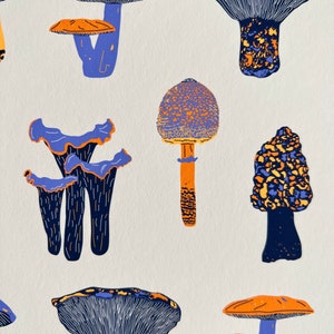 May include: A digital illustration of various mushrooms in a repeating pattern. The mushrooms are drawn in shades of blue, orange, and yellow. The background is white.