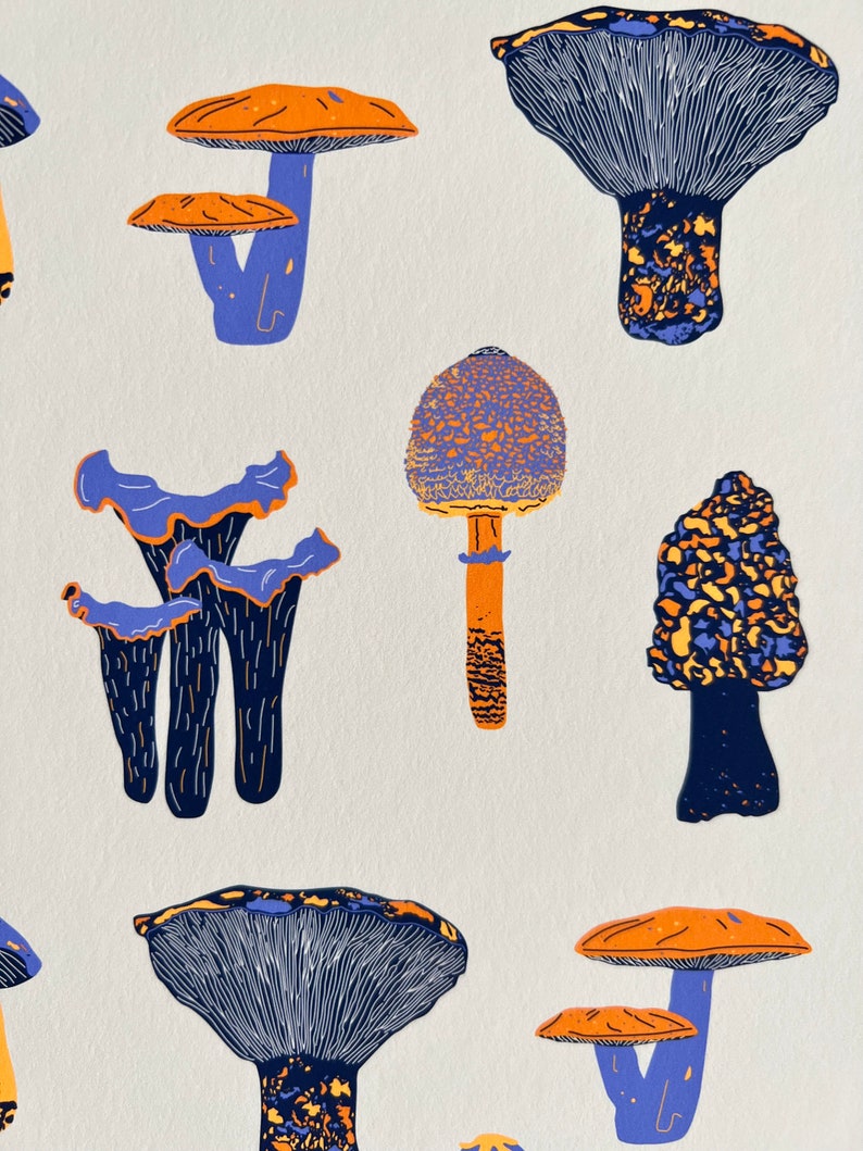 May include: A digital illustration of various mushrooms in a repeating pattern. The mushrooms are drawn in shades of blue, orange, and yellow. The background is white.