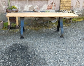 Oak table, lowboard on an old industrial cast frame