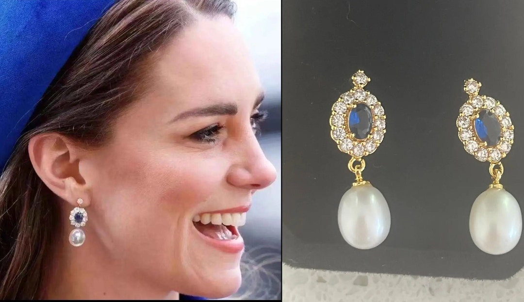 Kate Middleton Natural Pearl Signature Sapphire Earrings Yellow Gold ...