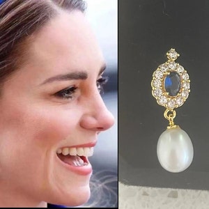 Kate Middleton Natural pearl signature sapphire earrings yellow gold over silver 925