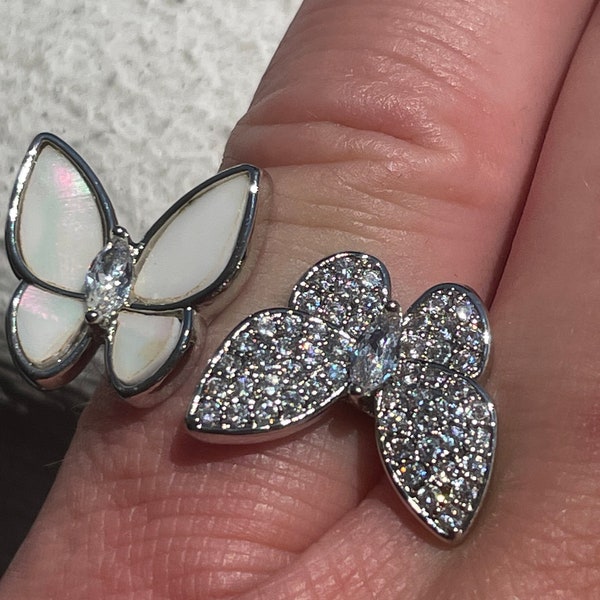 Mother of pearl and diamond quartz butterfly in between finger ring