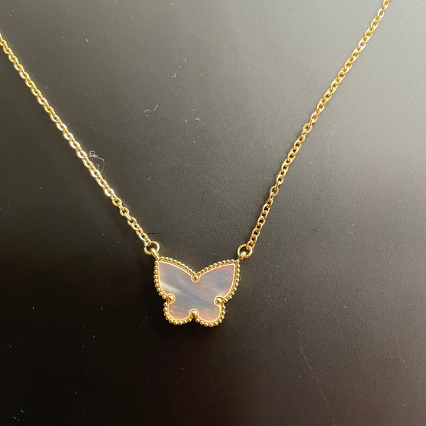 Excellent Quality Solid mother of pearl butterfly necklace 18k Yellow Gold stainless steel base metal tarnish resistant