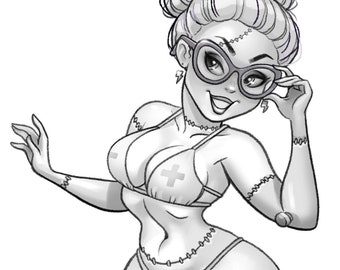 Frankenstein's Bride at the Beach | Printable adult coloring page | instant download