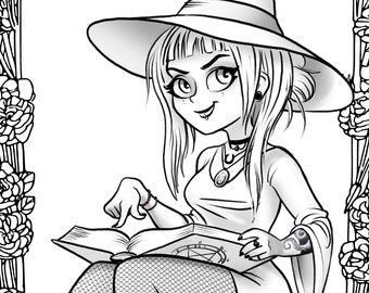 Ember the Witch | Printable adult coloring page | instant download