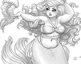 Mermaid with Jellyfish | Printable adult coloring page | instant download