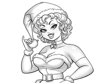 Christmas Pin-up | Printable adult coloring page | instant download