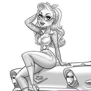 Rockabilly on Chevy | Printable adult coloring page | instant download