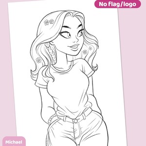 May include: A black and white line drawing of a young woman with long hair, wearing a t-shirt and jeans. She has flowers in her hair and is smiling.