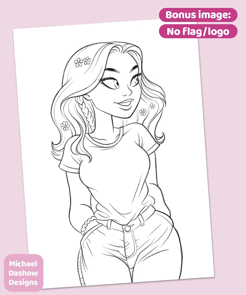 May include: A black and white line drawing of a young woman with long hair, wearing a t-shirt and jeans. She has flowers in her hair and is smiling.