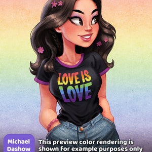 May include: A cartoon illustration of a woman with long dark hair wearing a black t-shirt with the text "LOVE IS LOVE" in rainbow colors. She is wearing blue jeans and has pink flowers in her hair.