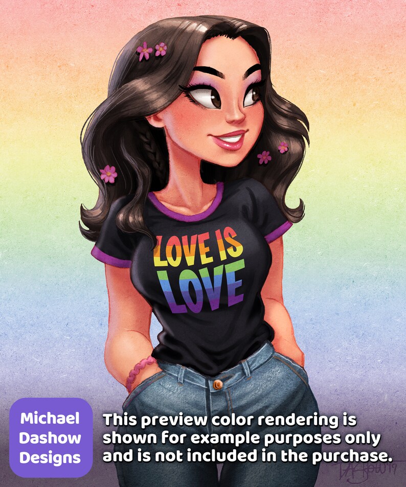 May include: A cartoon illustration of a woman with long dark hair wearing a black t-shirt with the text "LOVE IS LOVE" in rainbow colors. She is wearing blue jeans and has pink flowers in her hair.