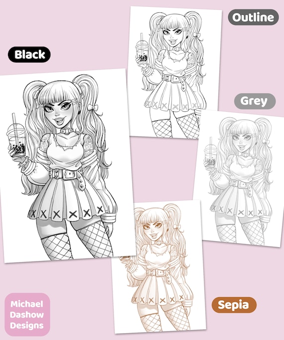 Pastel Goth Danii | Printable Adult Coloring Page | Instant