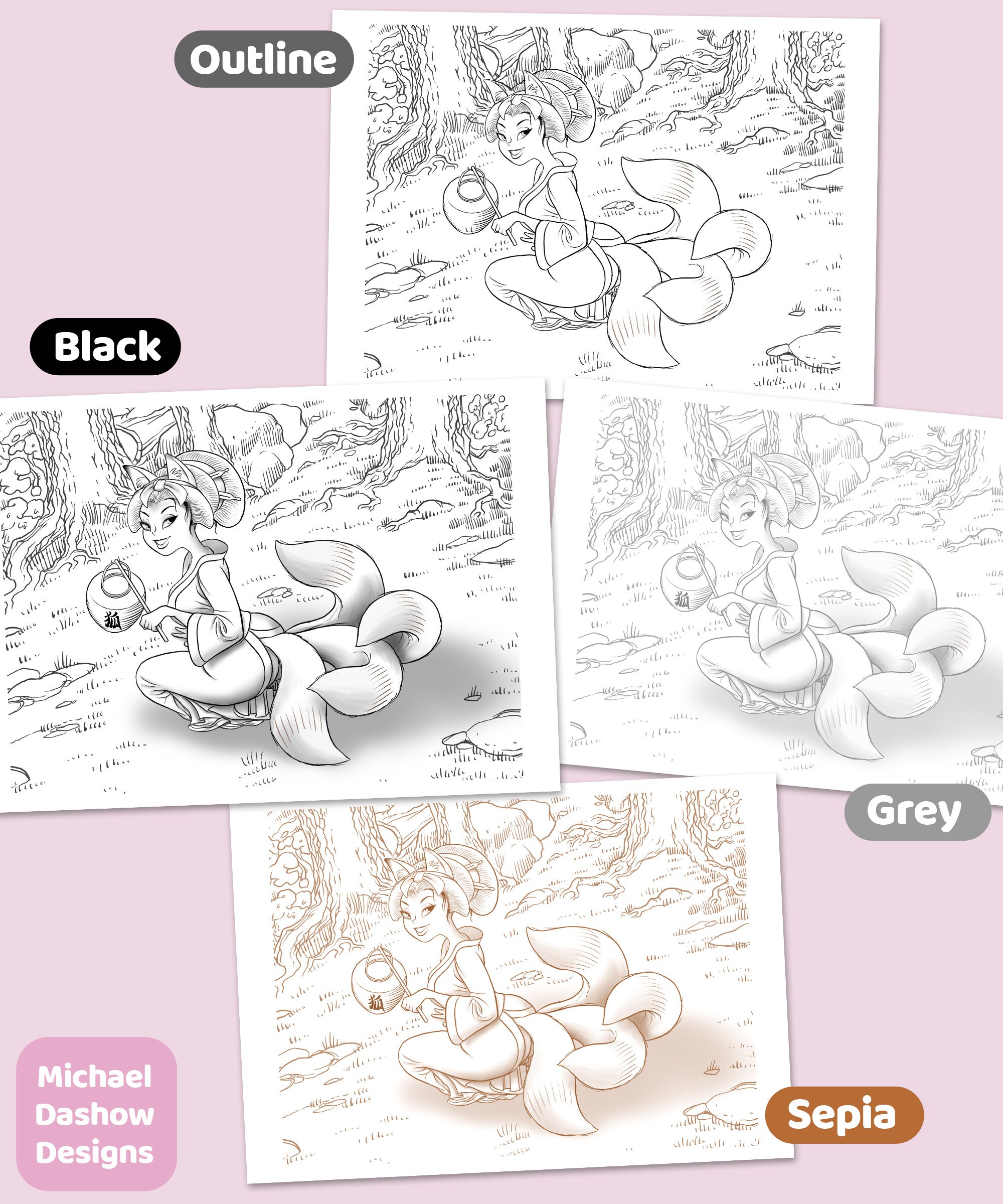 Kitsune Printable adult coloring page instant download | Etsy