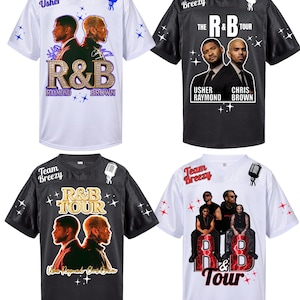 May include: Four R&B tour jerseys in white and black. Each jersey features a portrait of Usher and Chris Brown, with the words "R&B Tour" and "Team Breezy" or "Team Usher".