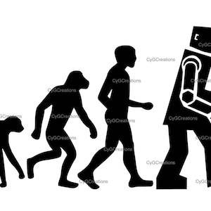 以下が含まれることがあります： サルからロボットまで、人間の進化を表す白黒のシルエットイラストです。