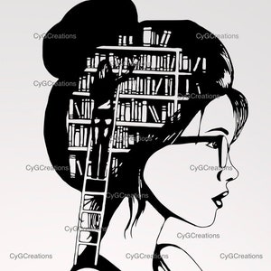 Könnte beinhalten: Schwarz-weiße Silhouette einer Person mit einem Bücherregal und einer Leiter in ihrem Kopf. Die Person trägt eine Brille und schaut nach rechts.