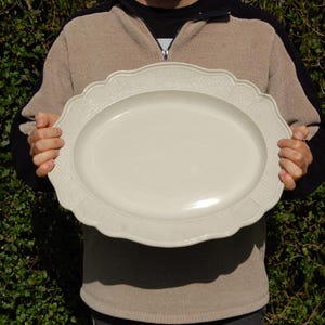 Large Antique Staffordshire Style Meat Platter, Cream Oval Serving Dish, Embossed Rim, Farmhouse Kitchen Decor, Rustic English Tableware