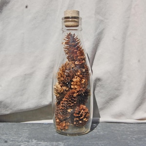 Vintage Woodgate Milchflasche mit Kiefernzapfen & Blattgold, rustikale Bauernhaus-Dekor, Upcycled Glasflasche mit Korken