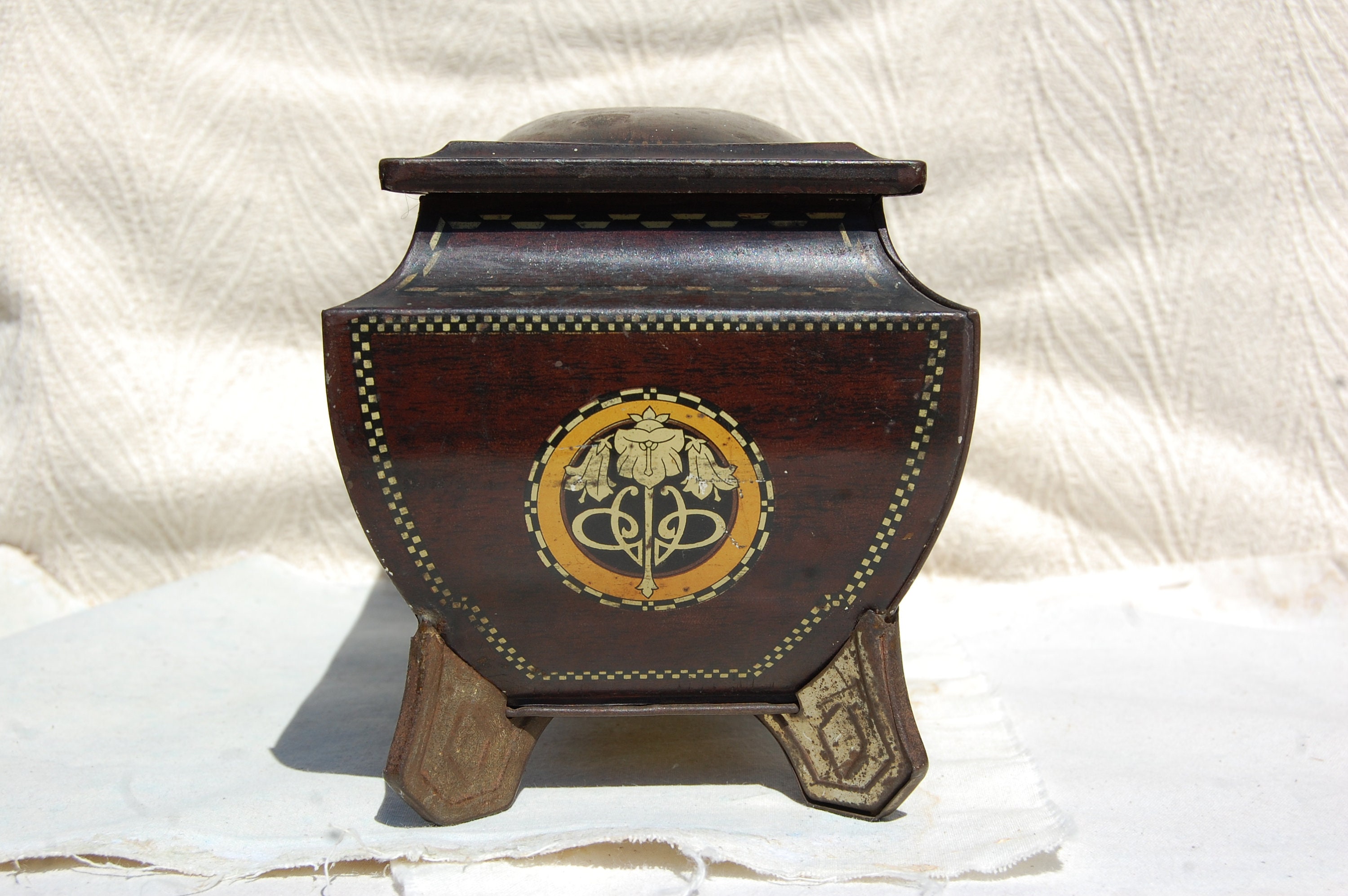 Vintage Tea Caddy Tin Nouveau Antique Tin Box Brown Boho Box Etsy