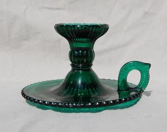 Vintage Emerald Green Pressed Glass Chamberstick, Ząbkowice Glass Candle Holder, Victorian Style Handled Candlestick