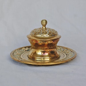 Antique Victorian Ornate Brass Inkwell with Tray, Antique Inkwell, Old Inkwell, Vintage Inkwell, Victorian Desk Accessory