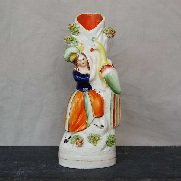 Victorian 19th century Staffordshire Spill Vase, Victorian Staffordshire Figurine, Staffordshire Girl & Bird