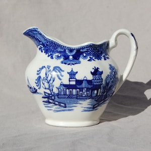 Vintage Burleigh Ware Willow Pattern Milk Jug, Blue & White Transferware Creamer, Staffordshire England, Rustic Cottage Kitchen Decor