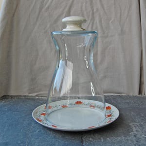 May include: A clear glass cheese dome with a white ceramic knob on top, resting on a white plate with a floral pattern in red and orange. The dome is on a blue surface.
