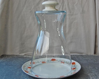May include: A clear glass cheese dome with a white ceramic knob on top, resting on a white plate with a floral pattern in red and orange. The dome is on a blue surface.