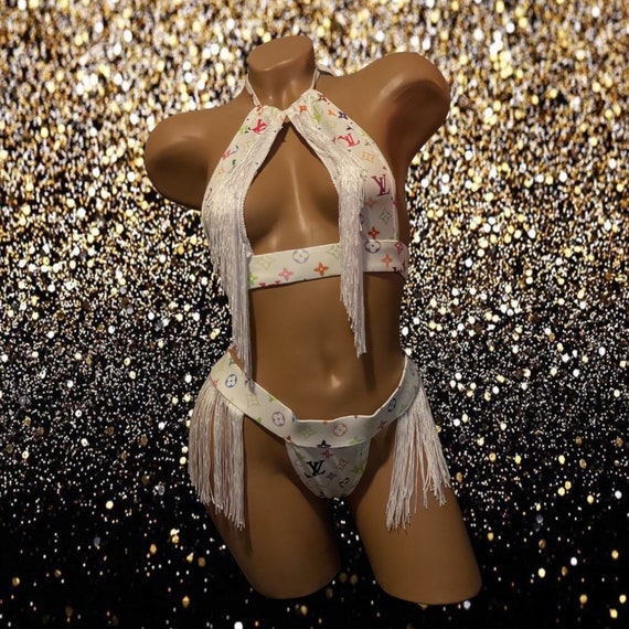 Exotic Dancewear Two Piece Thong Set with Rhinestones and Fringe