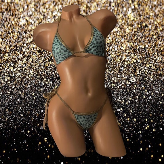 Exotic Dancewear Two Piece Adjustable Thong Set with Rhinestones