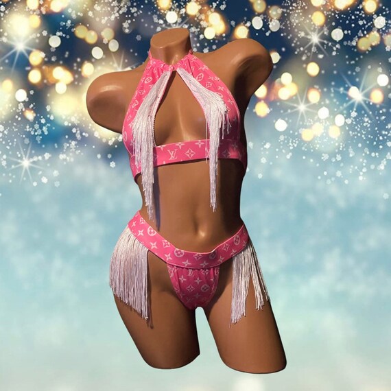 Exotic Dancewear Two Piece Thong Set with Rhinestones and Fringe