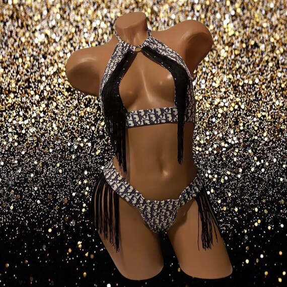 Exotic Dancewear Two Piece Thong Set with Rhinestones and Fringe