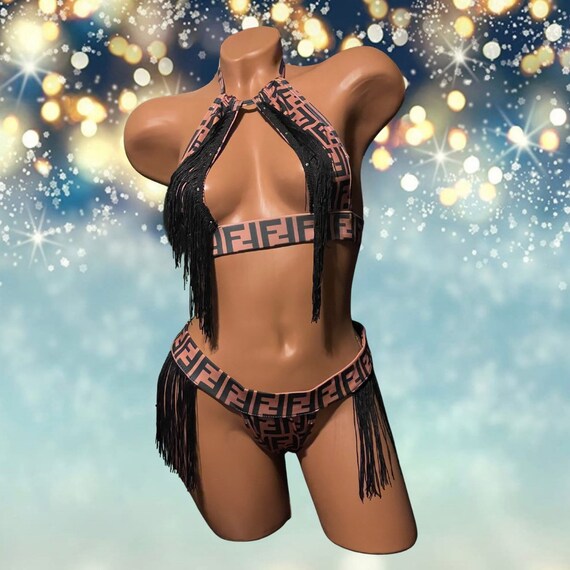 Exotic Dancewear Two Piece Thong Set with Rhinestones and Fringe