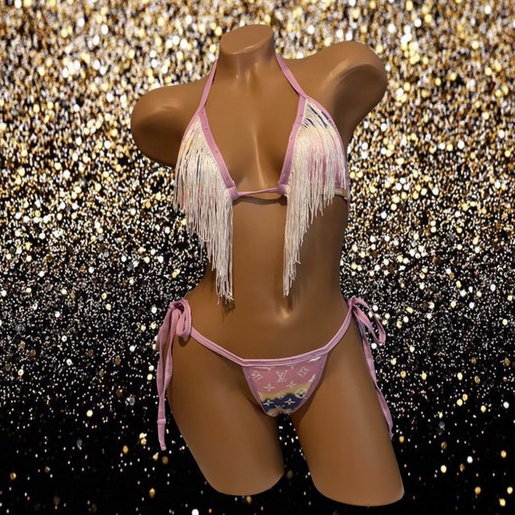Exotic Dancewear Two Piece Adjustable Thong Set with Fringe and Rhinestones