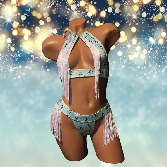 Exotic Dancewear Two Piece Thong Set with Rhinestones and Fringe