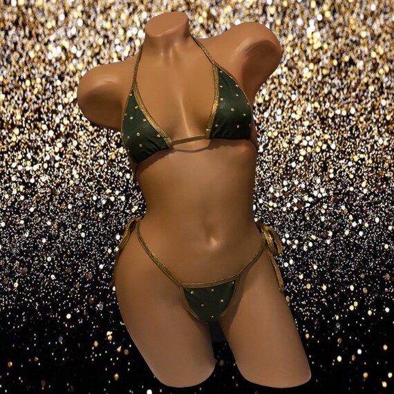 Exotic Dancewear Two Piece Adjustable Thong Set with Rhinestones