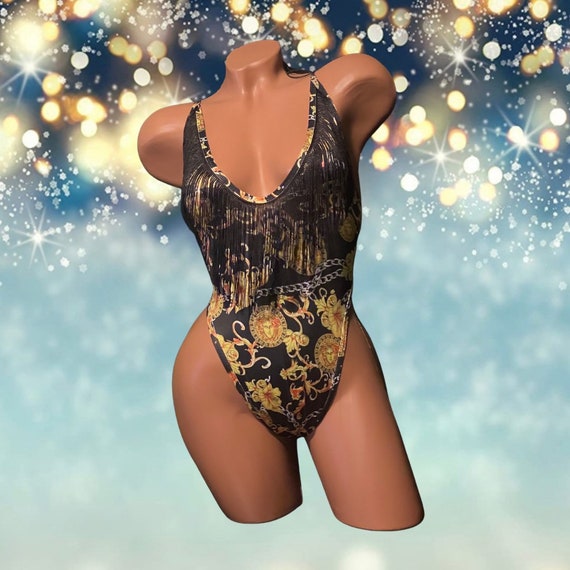 Exotic Dancewear Adjustable Bodysuit with Fringe and Rhinestones